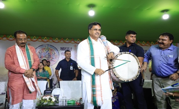 A rare sight: Tripura CM Dr Manik Saha beats Dhak during Mayer Gomon puja carnival
